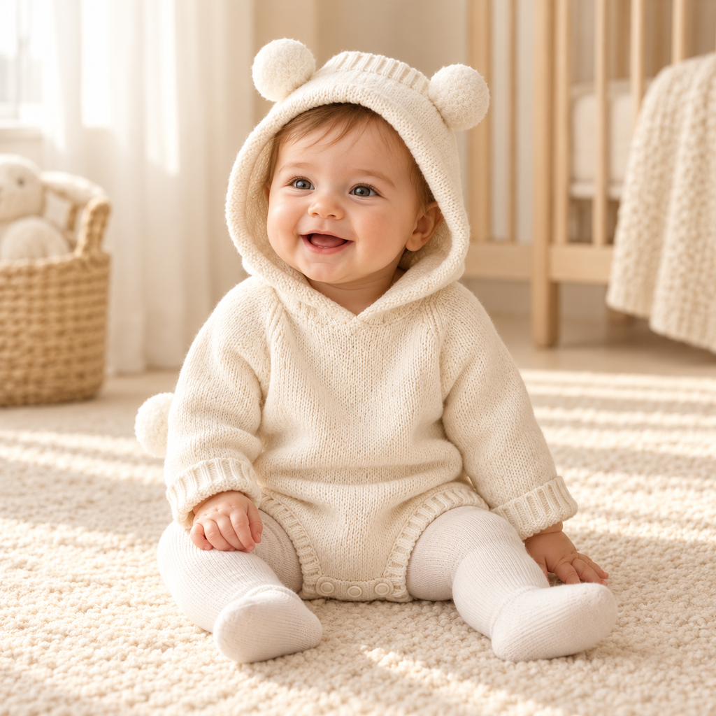 A child wearing The Bear-Ear Hooded Knit Bodysuit