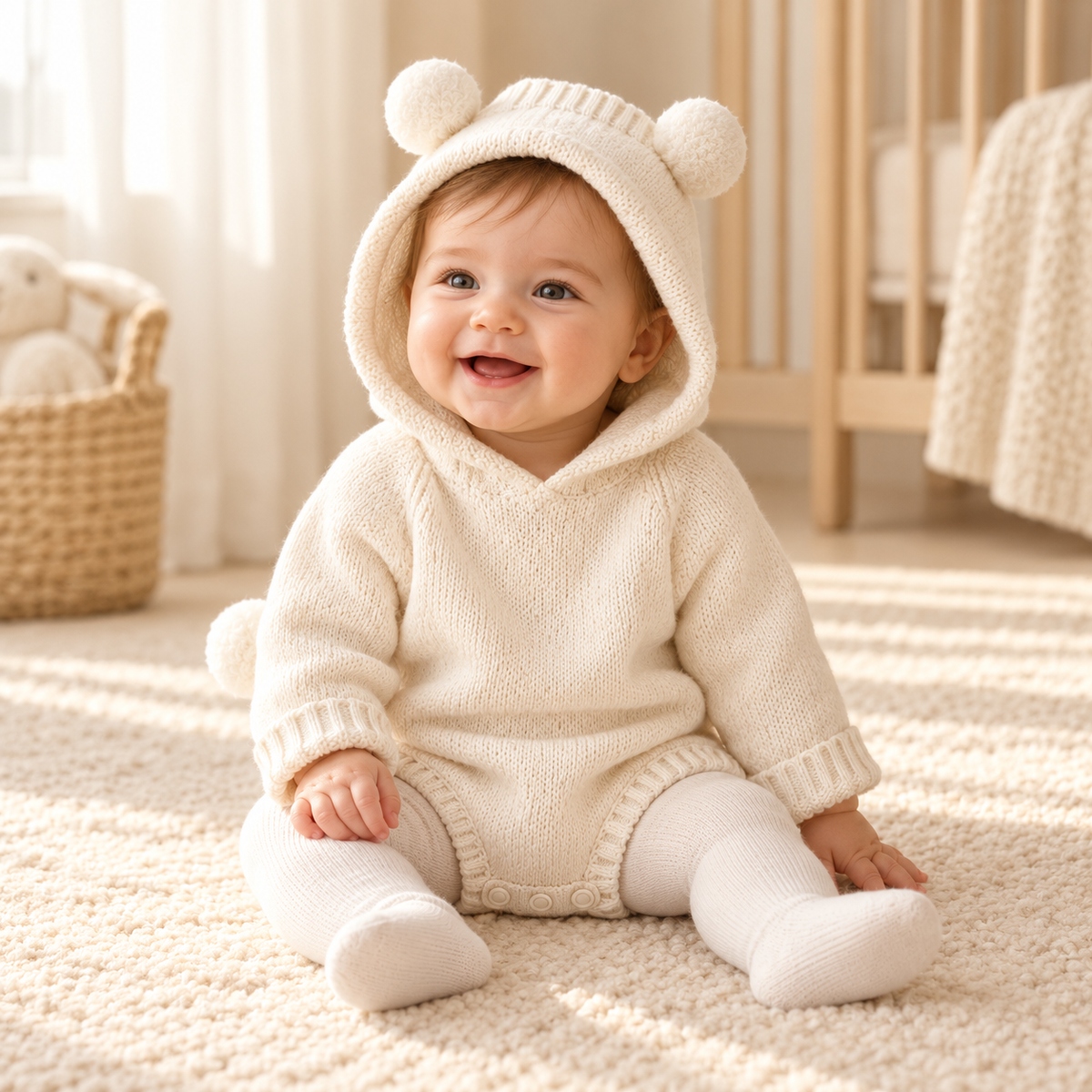 A child wearing The Bear-Ear Hooded Knit Bodysuit