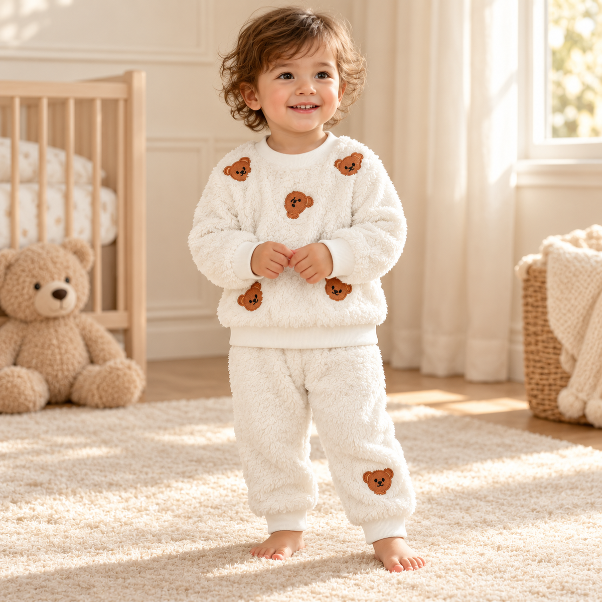 A child wearing The Little Bear Plush Two-Piece Set