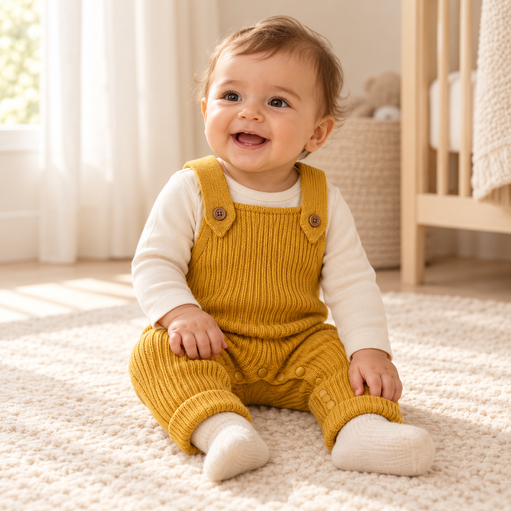 A child wearing The Rib Knit Suspender Dungarees