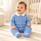 A child wearing The Blue Collared Cable Knit Romper