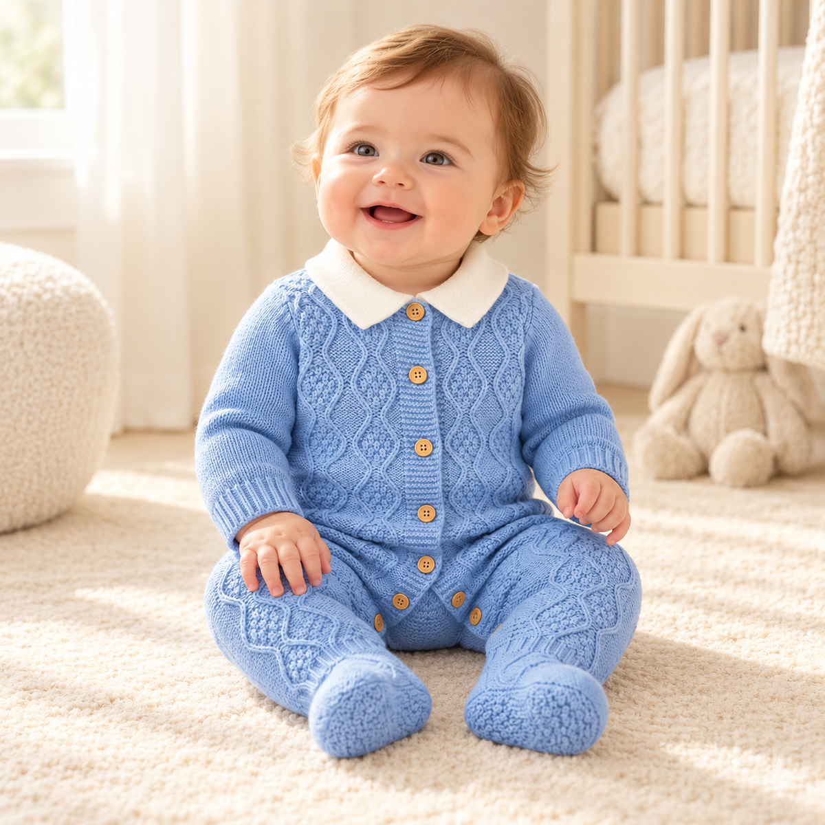 A child wearing The Blue Collared Cable Knit Romper