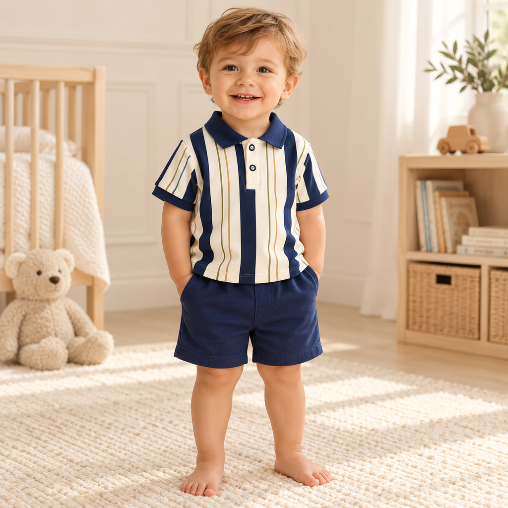 A child wearing The Stripe Polo & Shorts Set