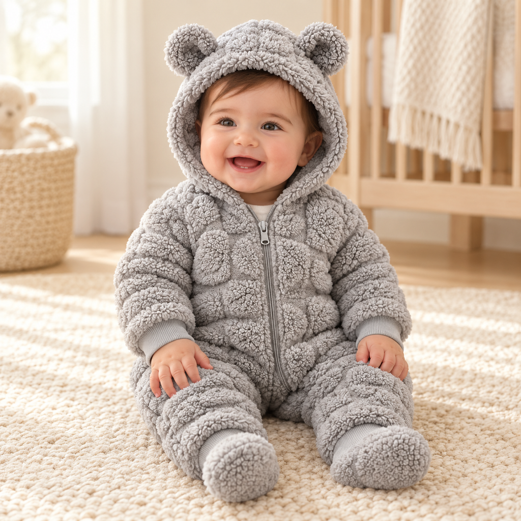 A child wearing The Quilted Teddy-Hood Baby Romper
