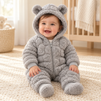 A child wearing The Quilted Teddy-Hood Baby Romper
