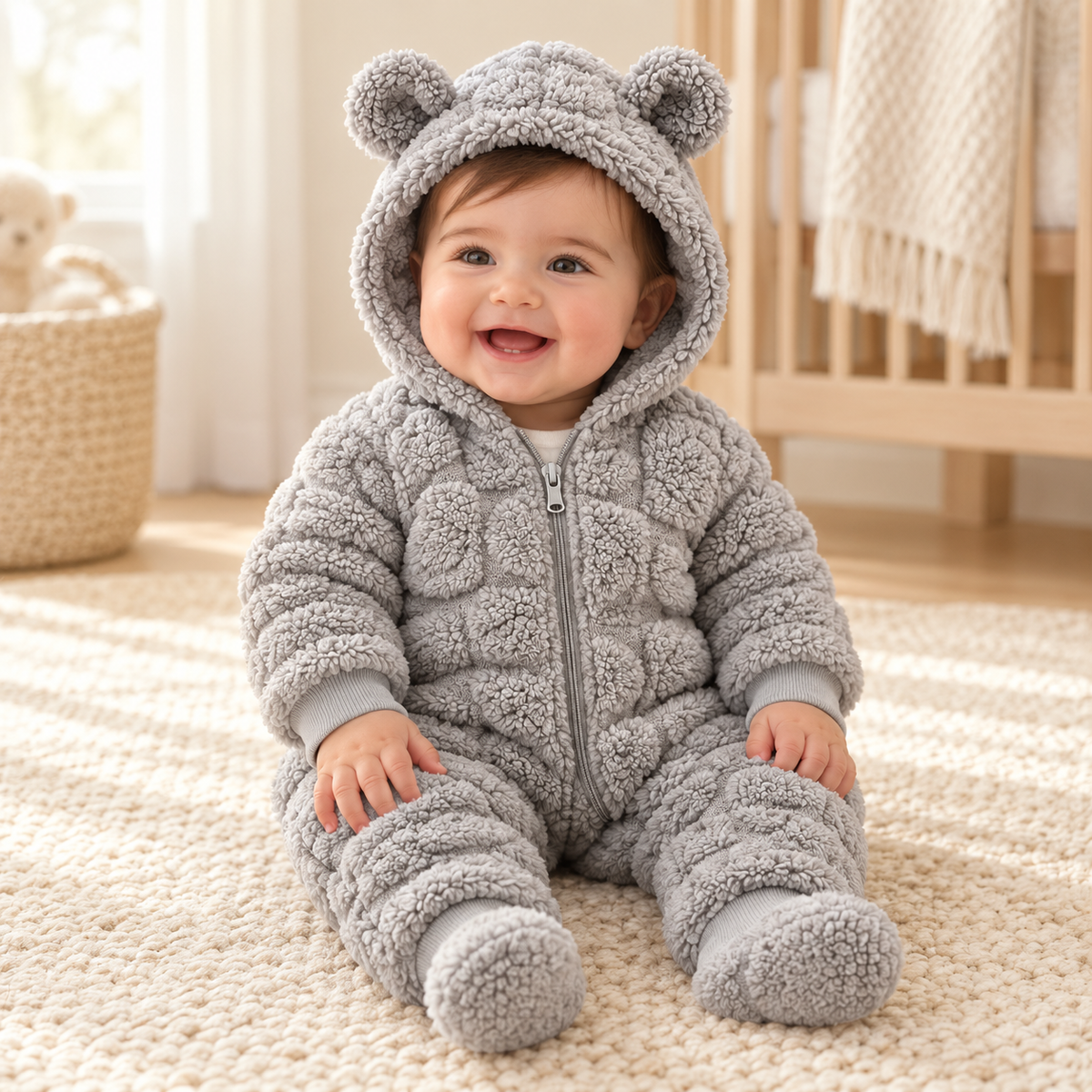 A child wearing The Quilted Teddy-Hood Baby Romper