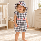 A child wearing The Gingham Bow Romper & Hat Set