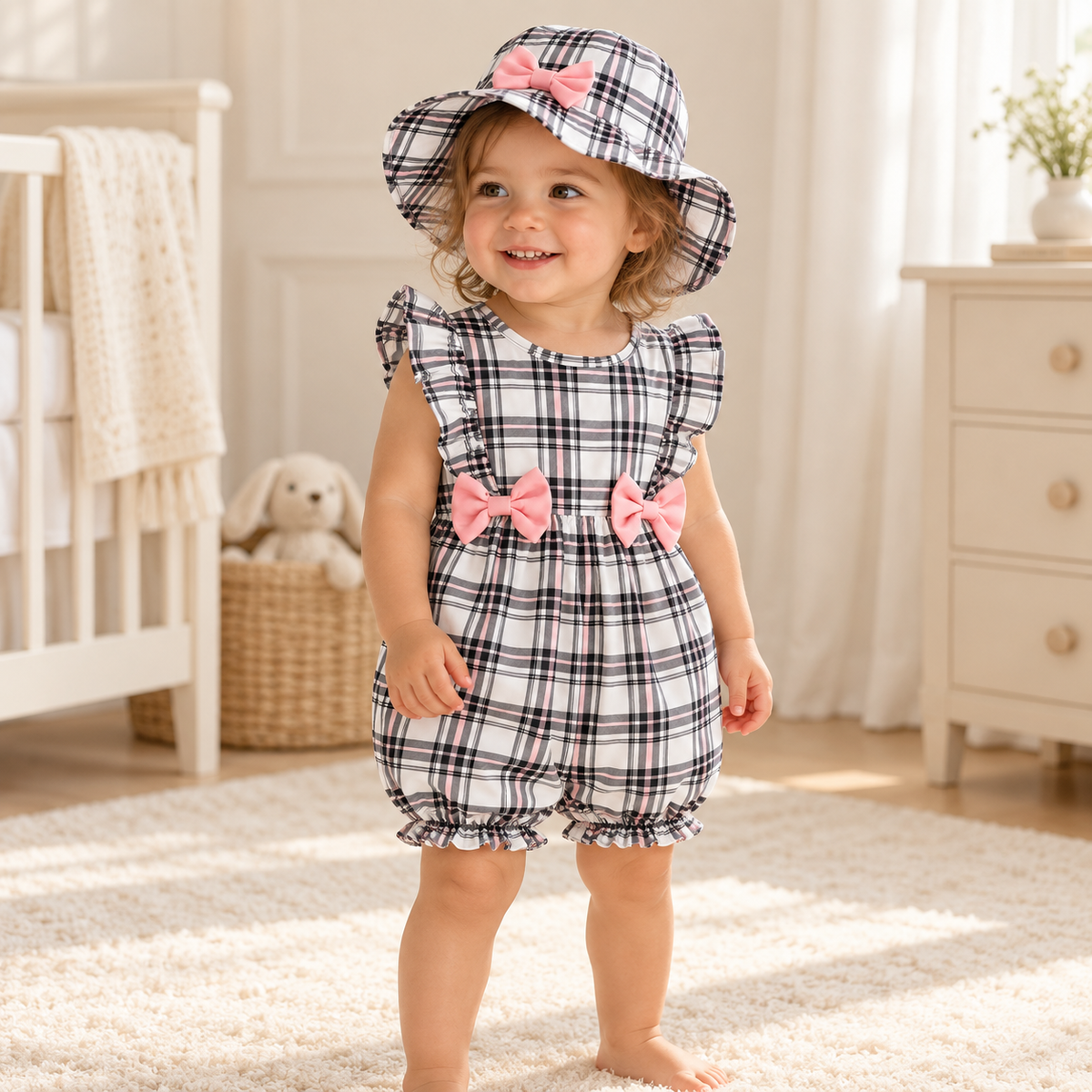 A child wearing The Gingham Bow Romper & Hat Set