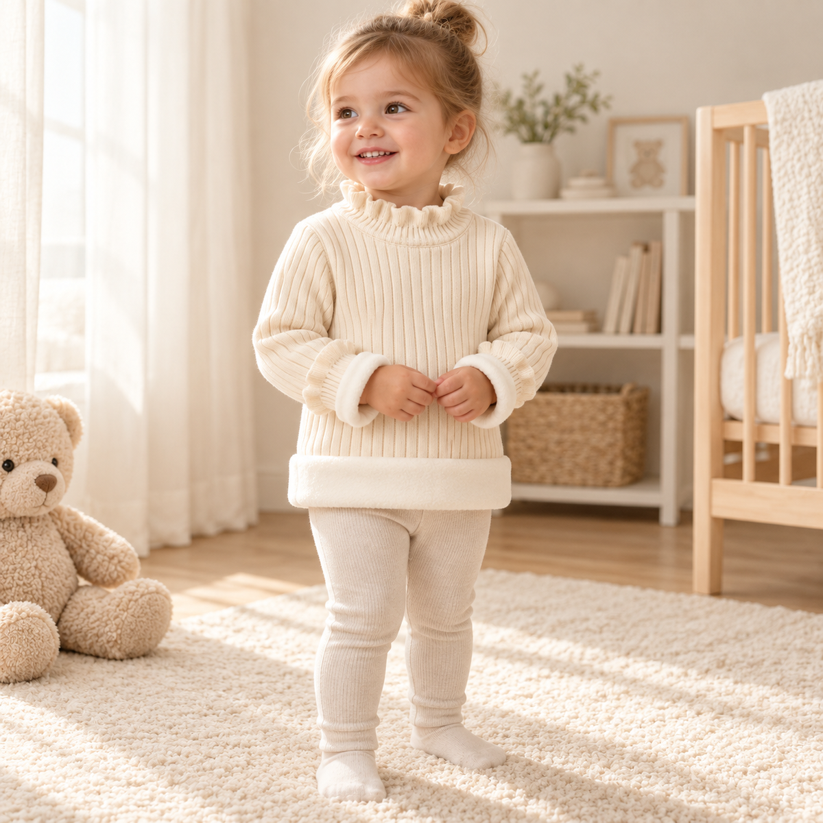 A child wearing The Fleece-Lined Ruffle Knit Sweater
