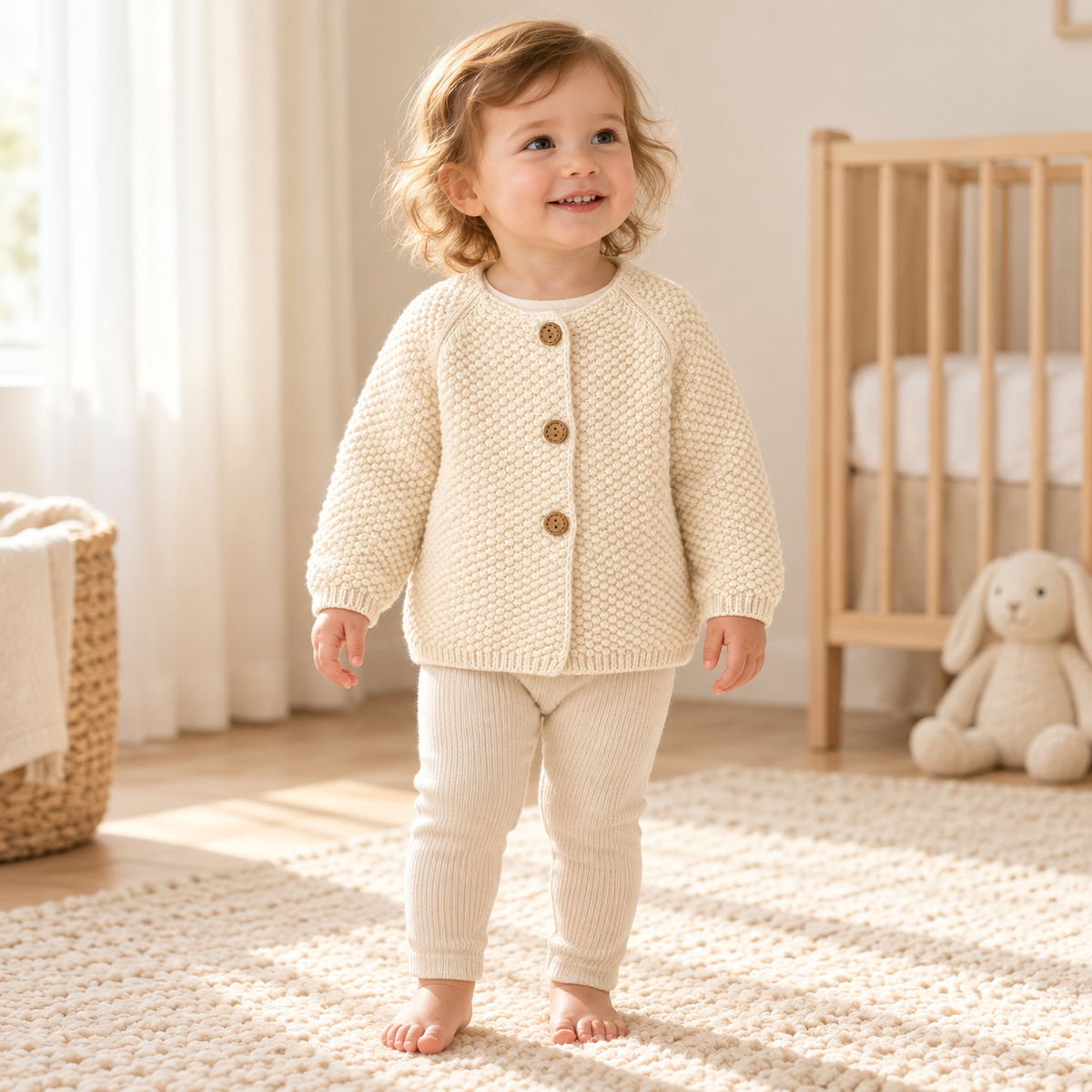 A child wearing The Seed-Stitch Button Cardigan