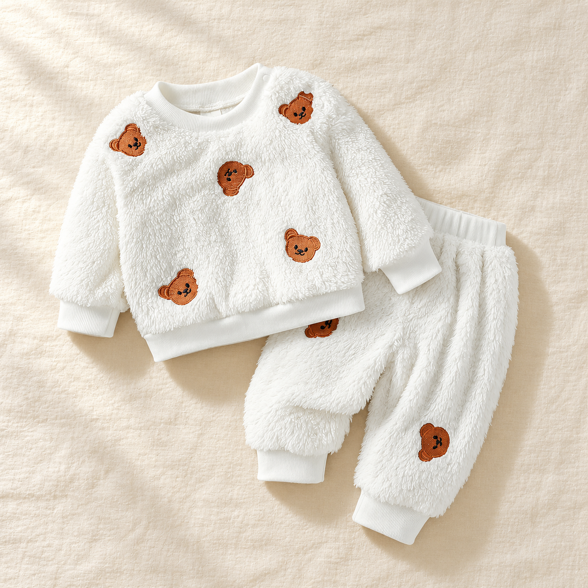 The Little Bear Plush Two-Piece Set on ivory linen