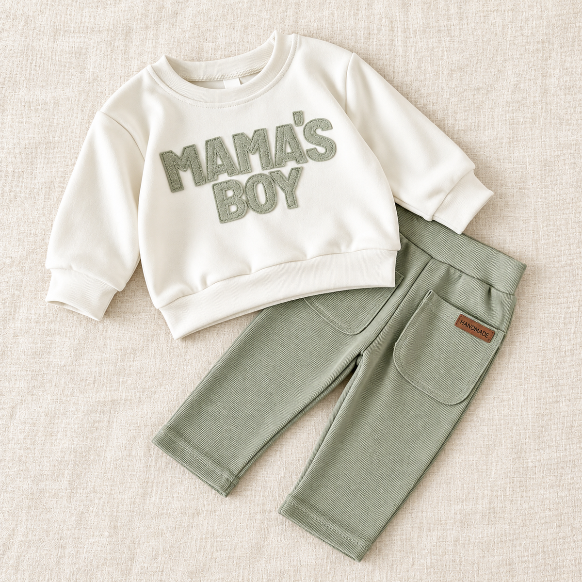 The Mama’s Boy Two-Piece Outfit on ivory linen