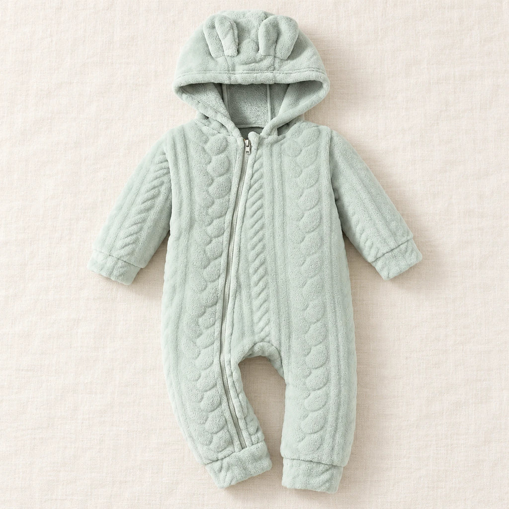 Mint plush hooded romper with bunny ears, textured cable pattern and front zip