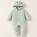 Mint plush hooded romper with bunny ears, textured cable pattern and front zip