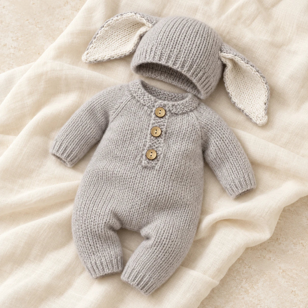 The Bunny Knit Romper & Hat Set studio photograph on ivory linen