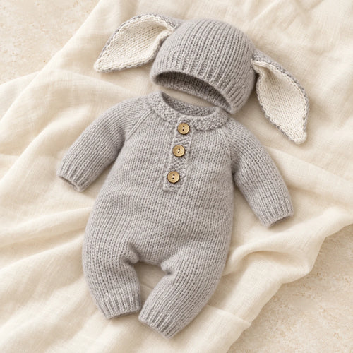 The Bunny Knit Romper & Hat Set studio photograph on ivory linen