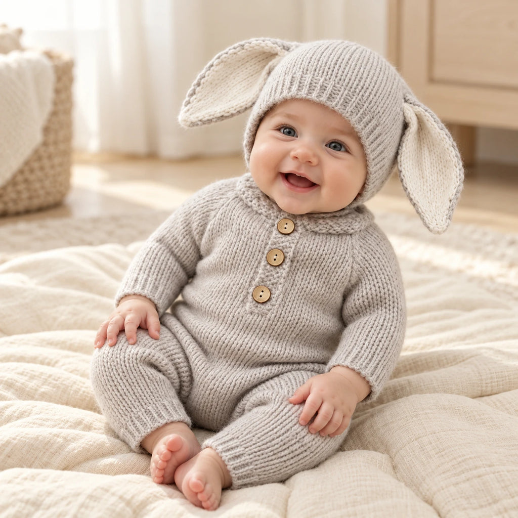 Baby wearing The Bunny Knit Romper & Hat Set in a warm nursery