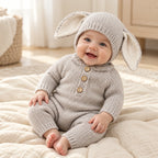 Baby wearing The Bunny Knit Romper & Hat Set in a warm nursery