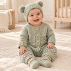 Baby wearing a coordinated knit outfit from The Newborn Knit Wardrobe