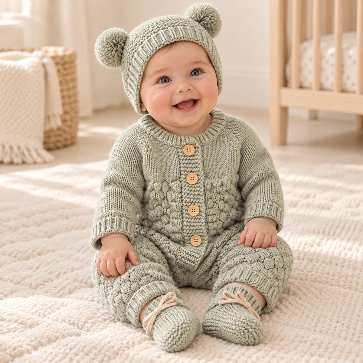 Baby wearing a coordinated knit outfit from The Newborn Knit Wardrobe