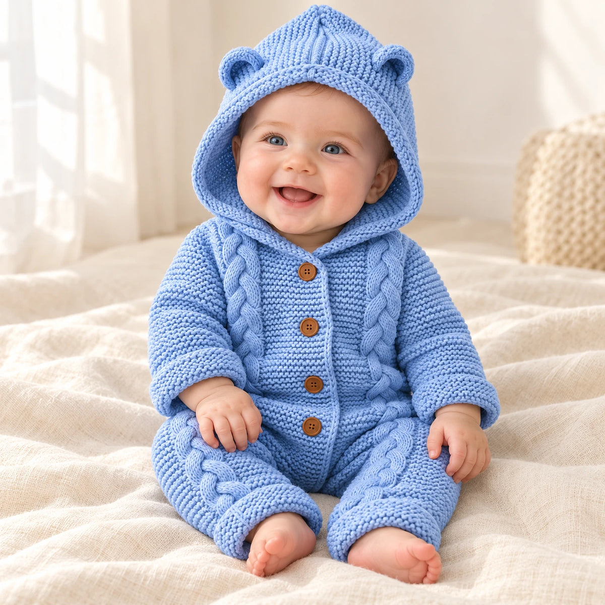 Baby wearing The Hooded Knit Baby Romper in a warm nursery