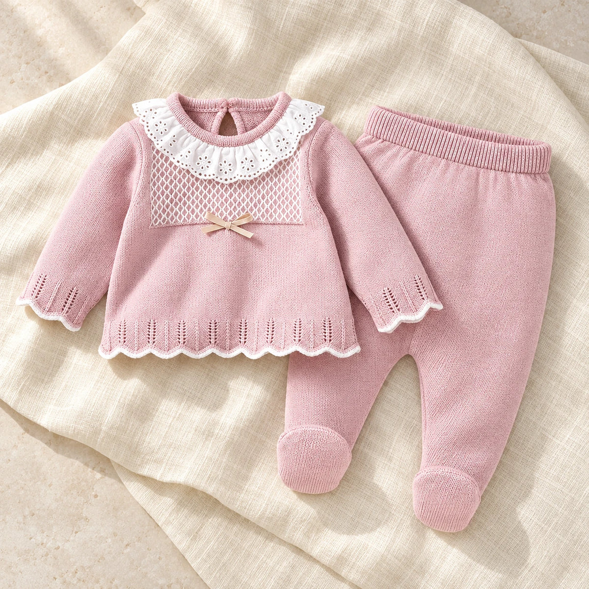 The Everyday Knit Two-Piece Set studio photograph on ivory linen