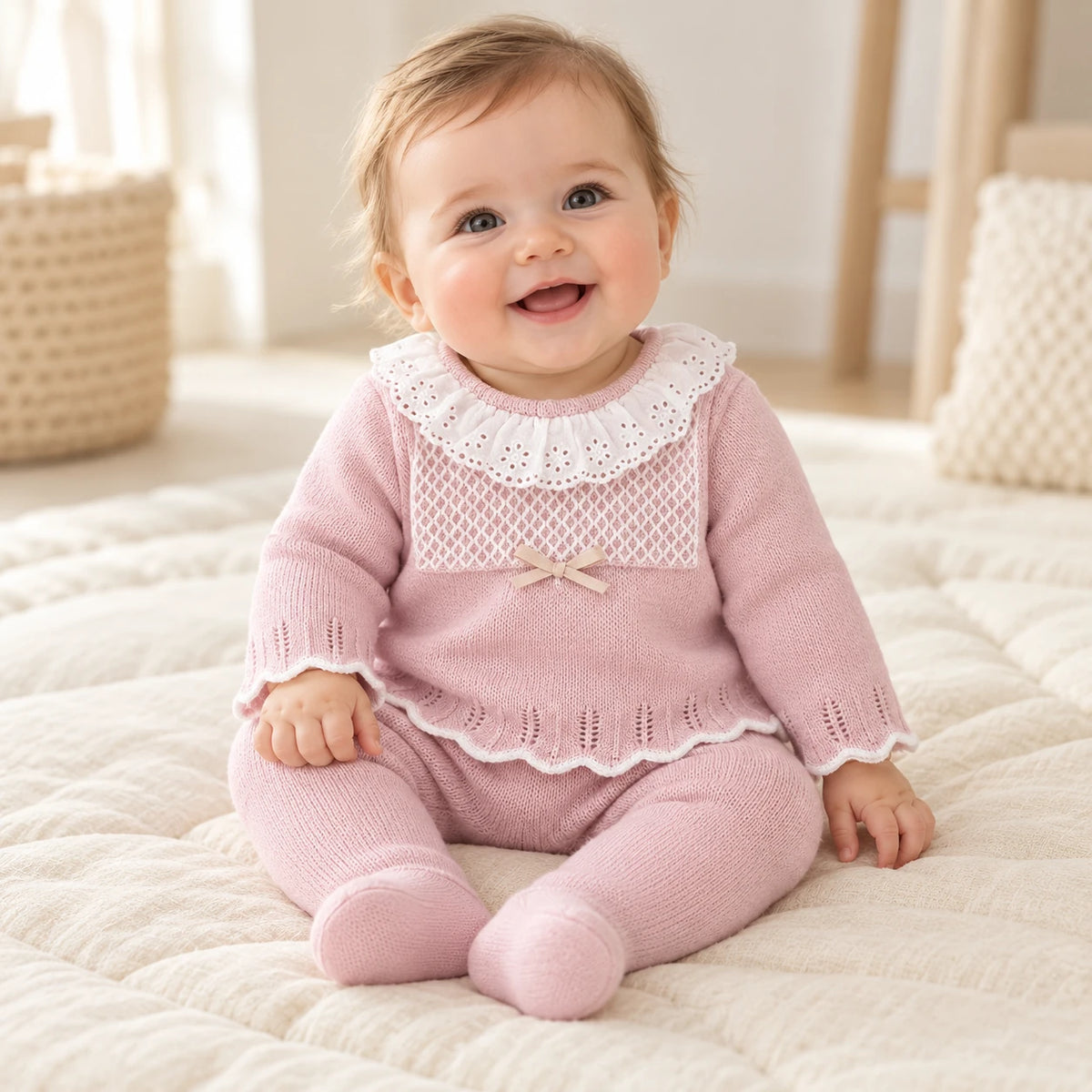 Baby wearing The Everyday Knit Two-Piece Set in a warm nursery