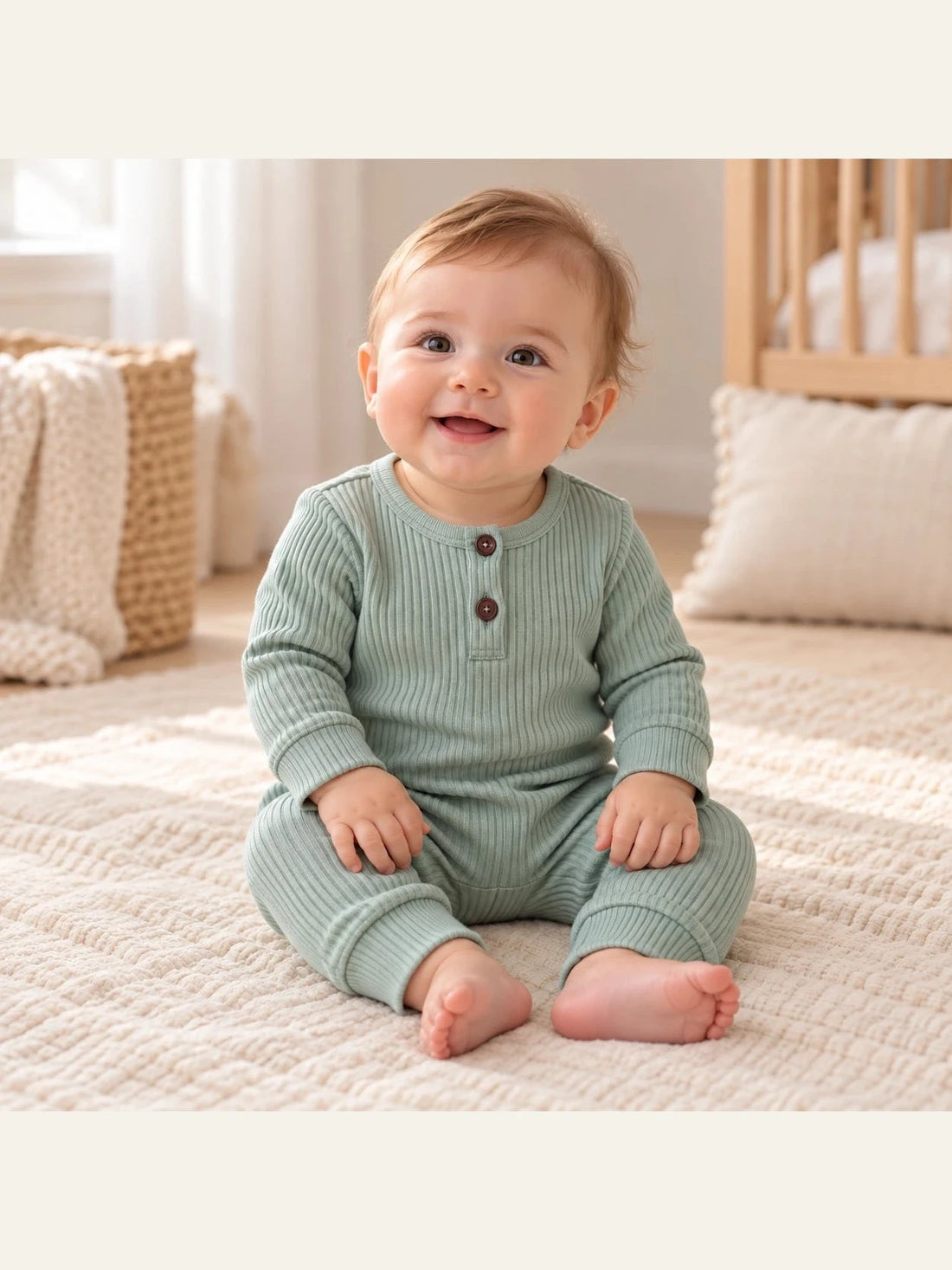 Baby wearing the muted sage green two-button ribbed romper in a warm ivory nursery