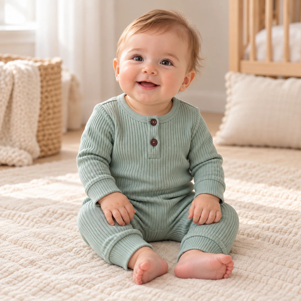 Baby wearing the muted sage green two-button ribbed romper in a warm ivory nursery