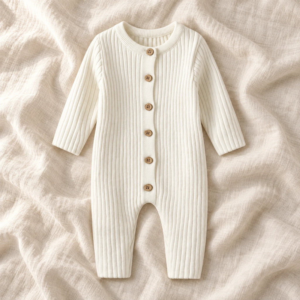 The Chunky Rib Baby Romper — milk white on ivory linen