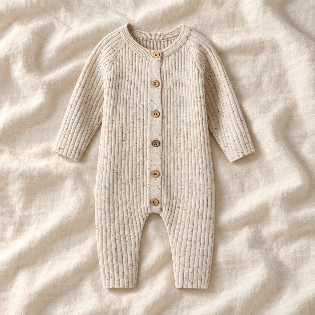 The Chunky Rib Baby Romper — vanilla sprinkles on ivory linen