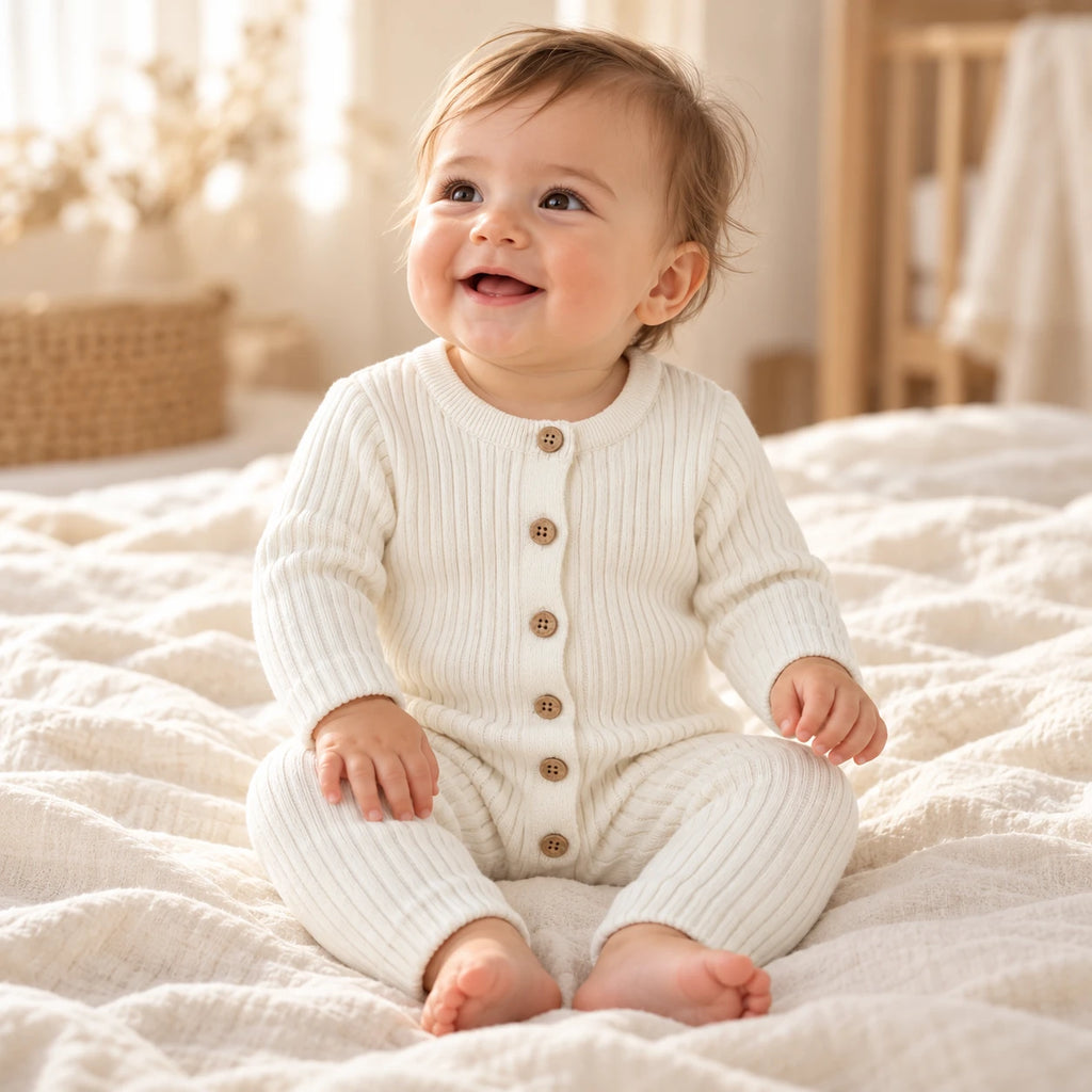 Baby wearing the Chunky Rib Baby Romper in Milk White