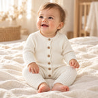 Baby wearing the Chunky Rib Baby Romper in Milk White
