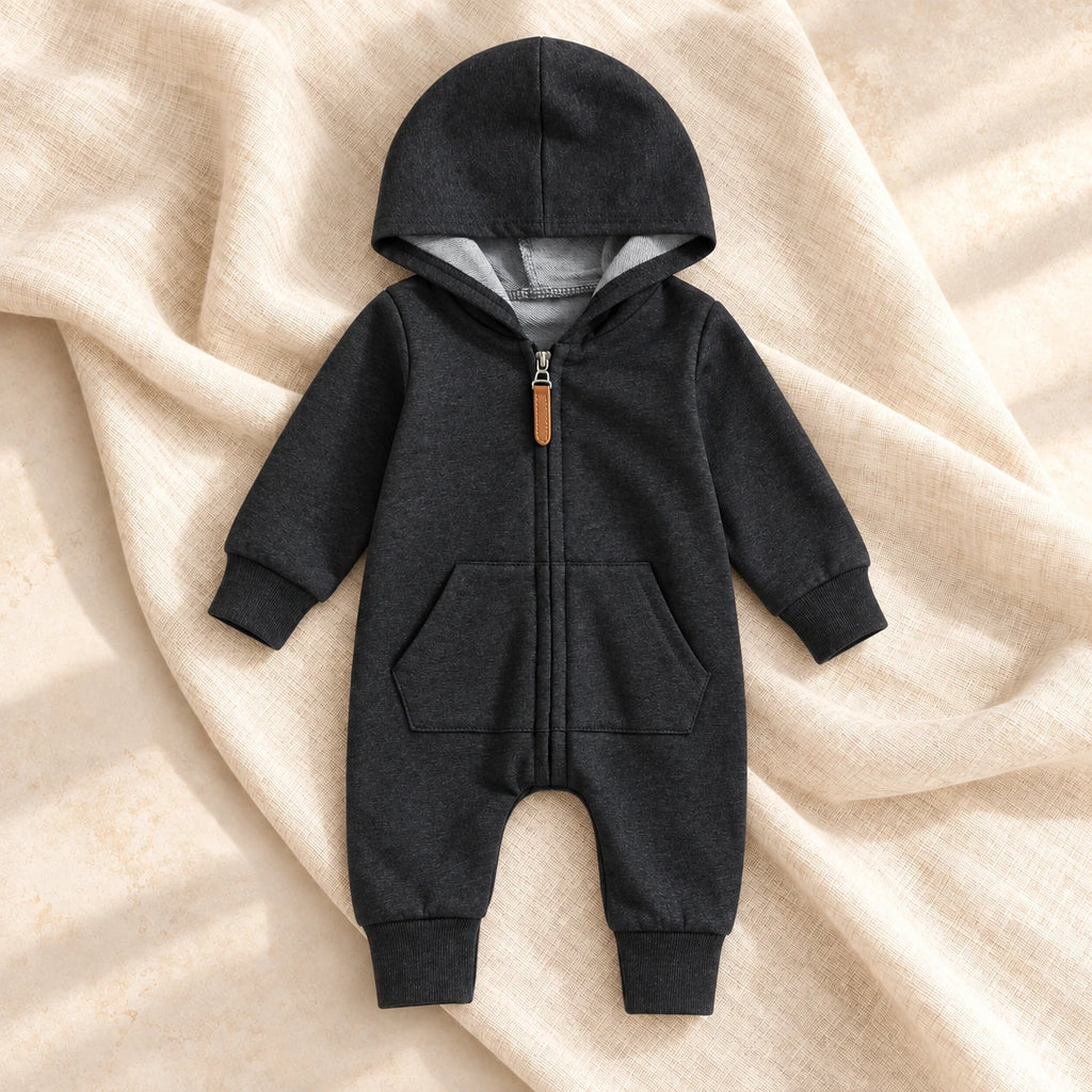The Hooded Zip Baby Romper — Style 01 studio photo