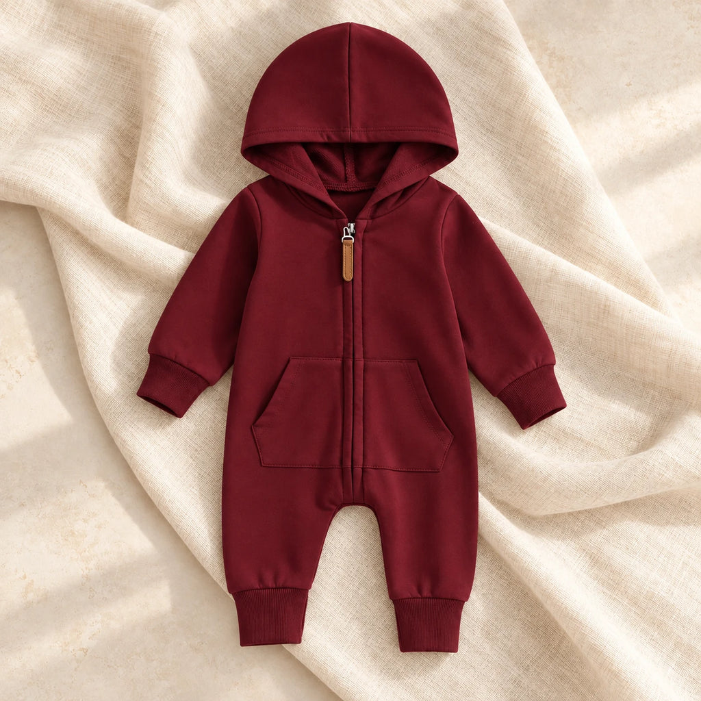 The Hooded Zip Baby Romper — Style 03 studio photo