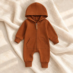 The Hooded Zip Baby Romper — Style 05 studio photo