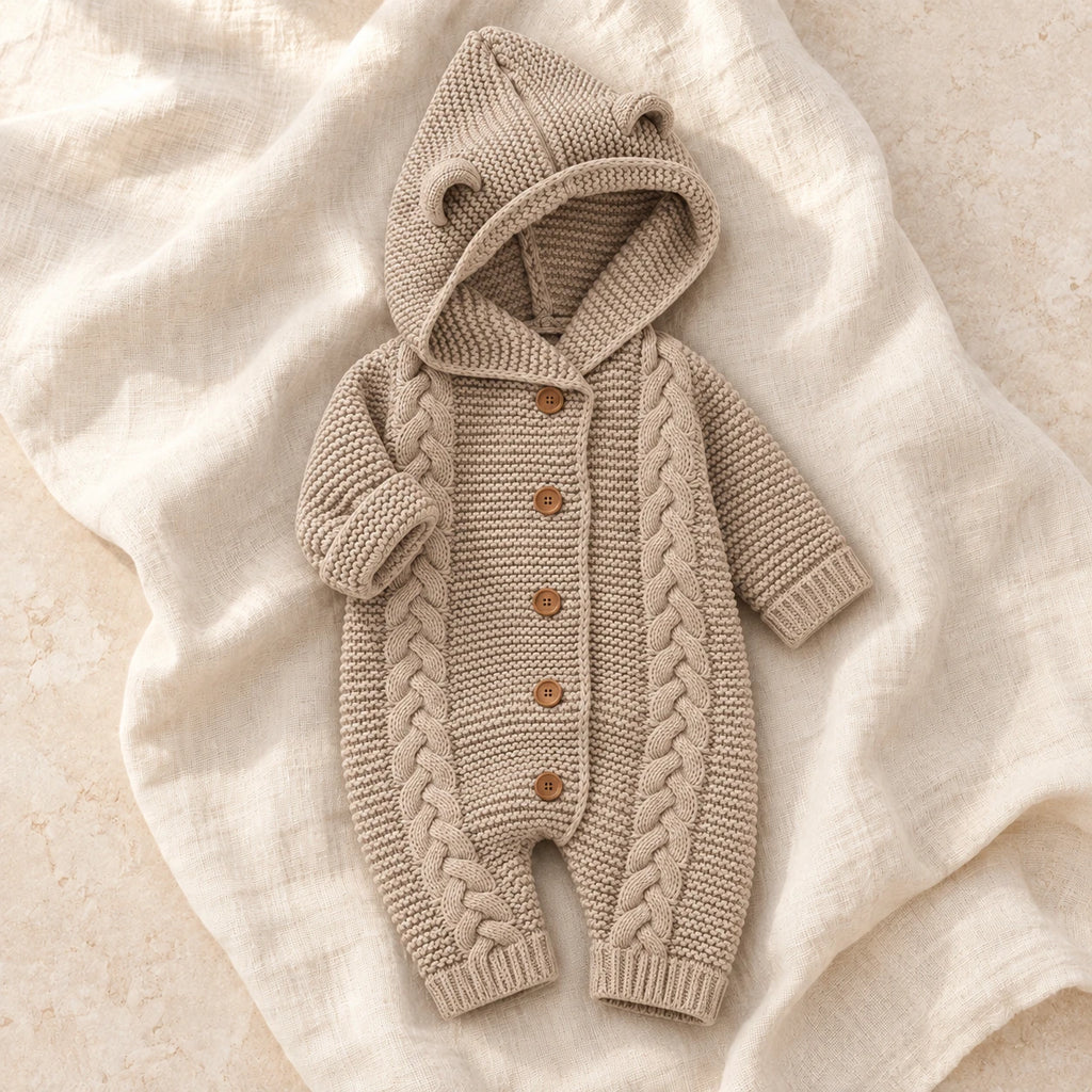 The Hooded Knit Baby Romper — Style 02 studio product photo