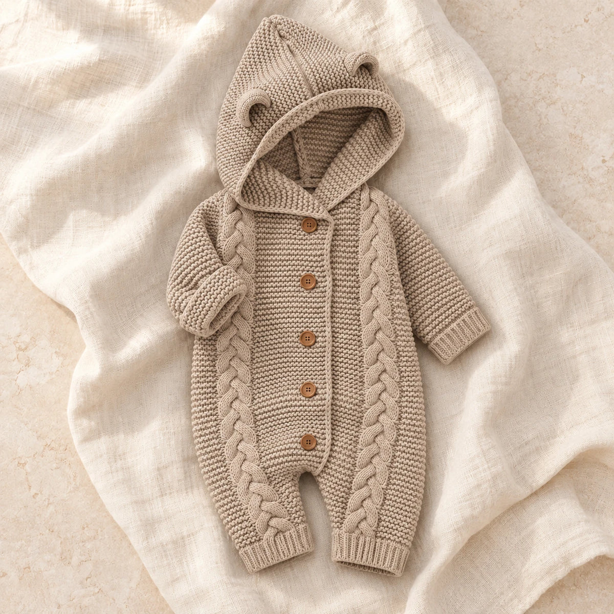 The Hooded Knit Baby Romper — Style 02 studio product photo