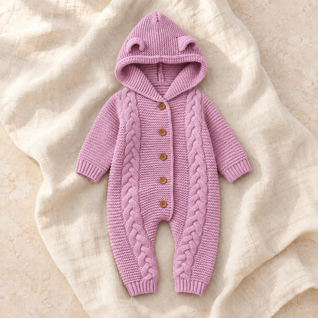 The Hooded Knit Baby Romper — Style 03 studio product photo