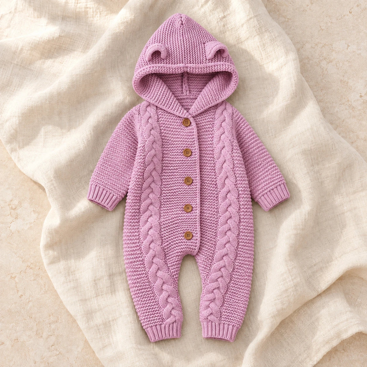 The Hooded Knit Baby Romper — Style 03 studio product photo