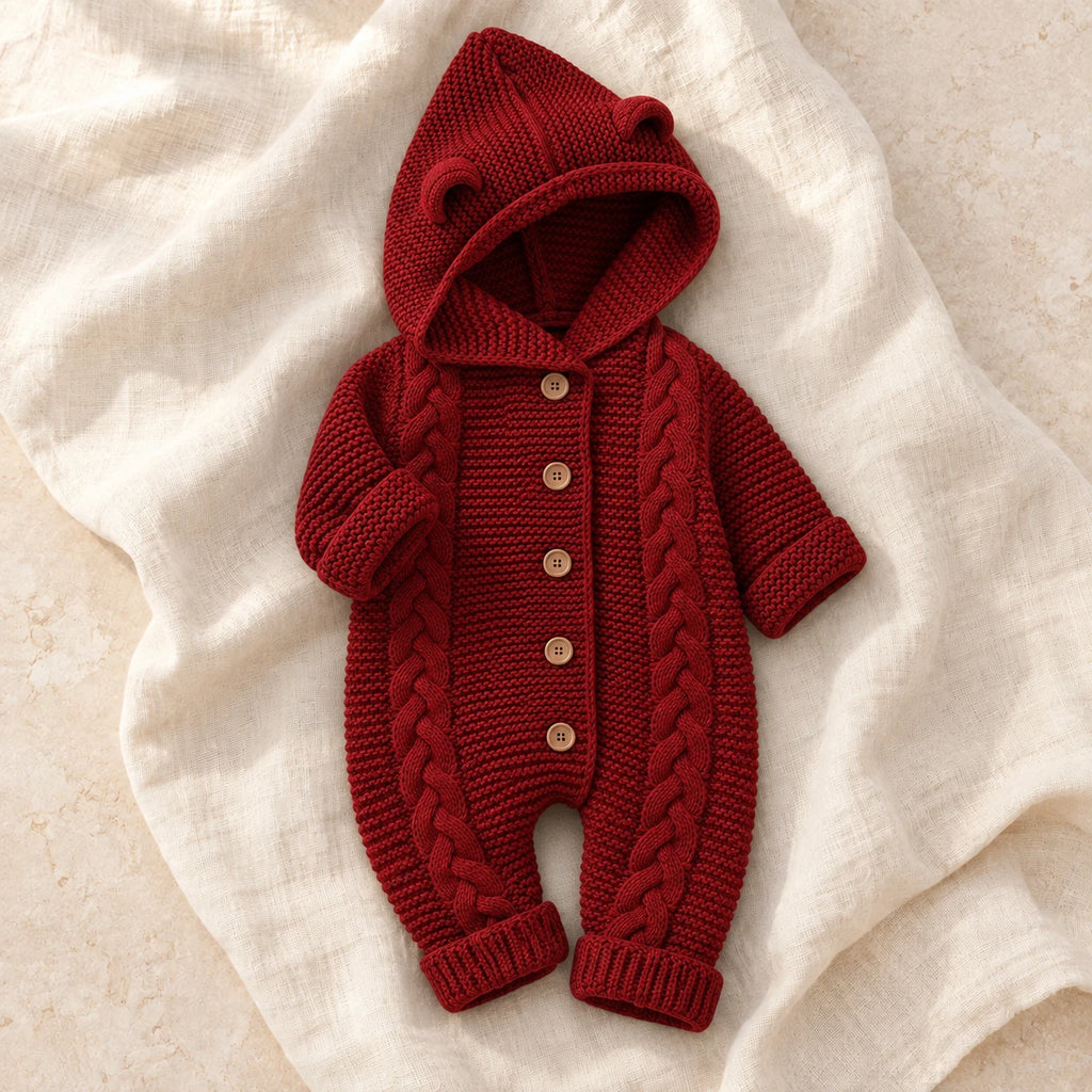 The Hooded Knit Baby Romper — Style 04 studio product photo