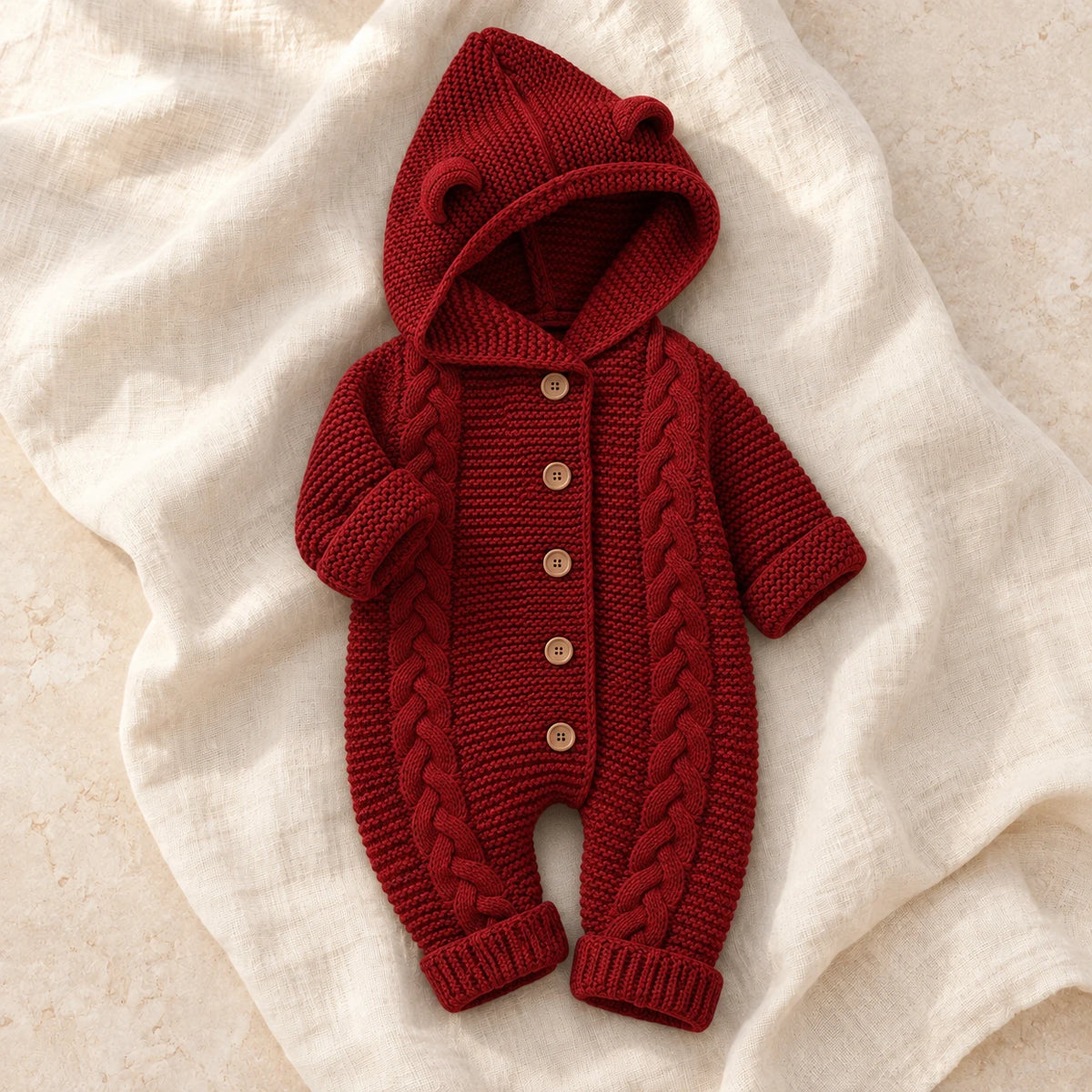 The Hooded Knit Baby Romper — Style 04 studio product photo