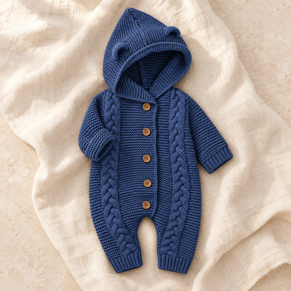 The Hooded Knit Baby Romper — Style 05 studio product photo
