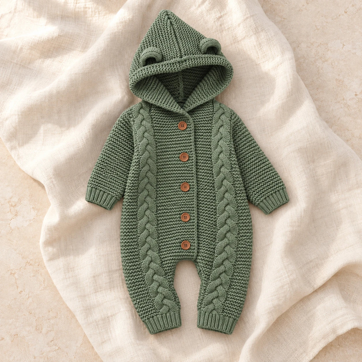 The Hooded Knit Baby Romper — Style 06 studio product photo