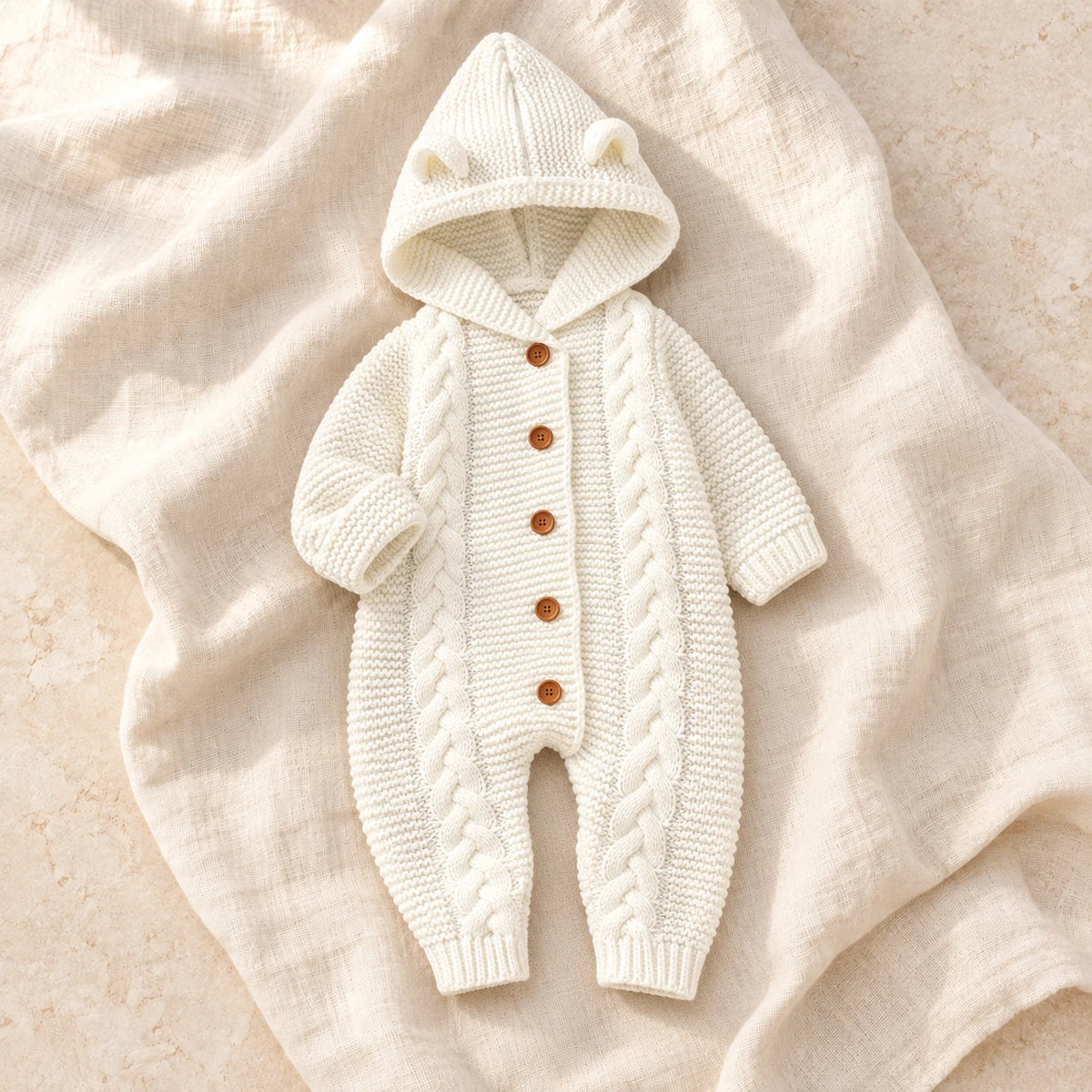The Hooded Knit Baby Romper — Style 07 studio product photo