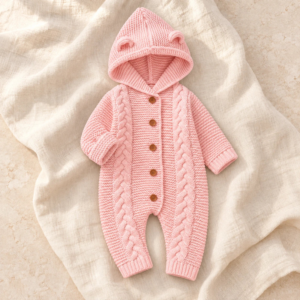 The Hooded Knit Baby Romper — Style 08 studio product photo