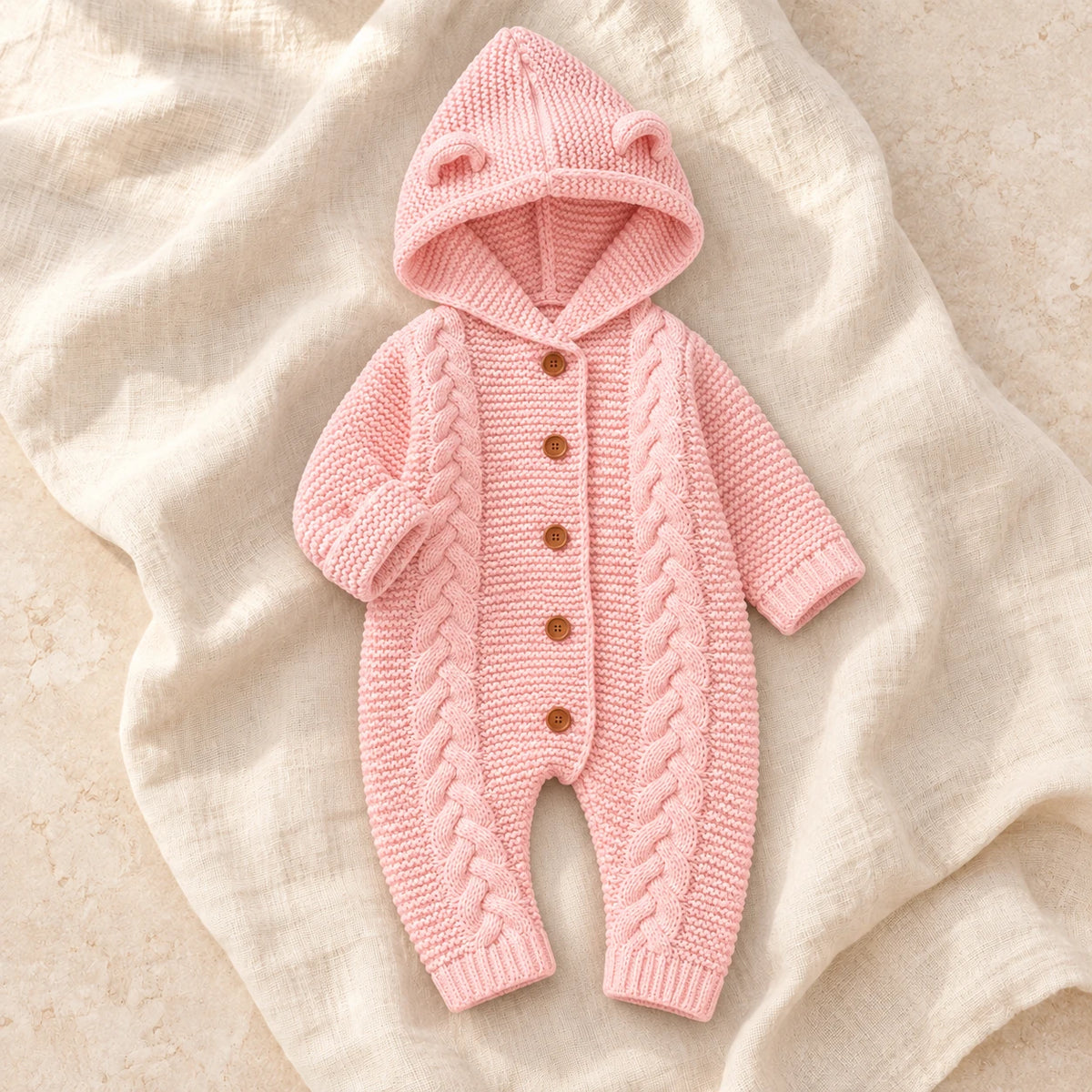 The Hooded Knit Baby Romper — Style 08 studio product photo