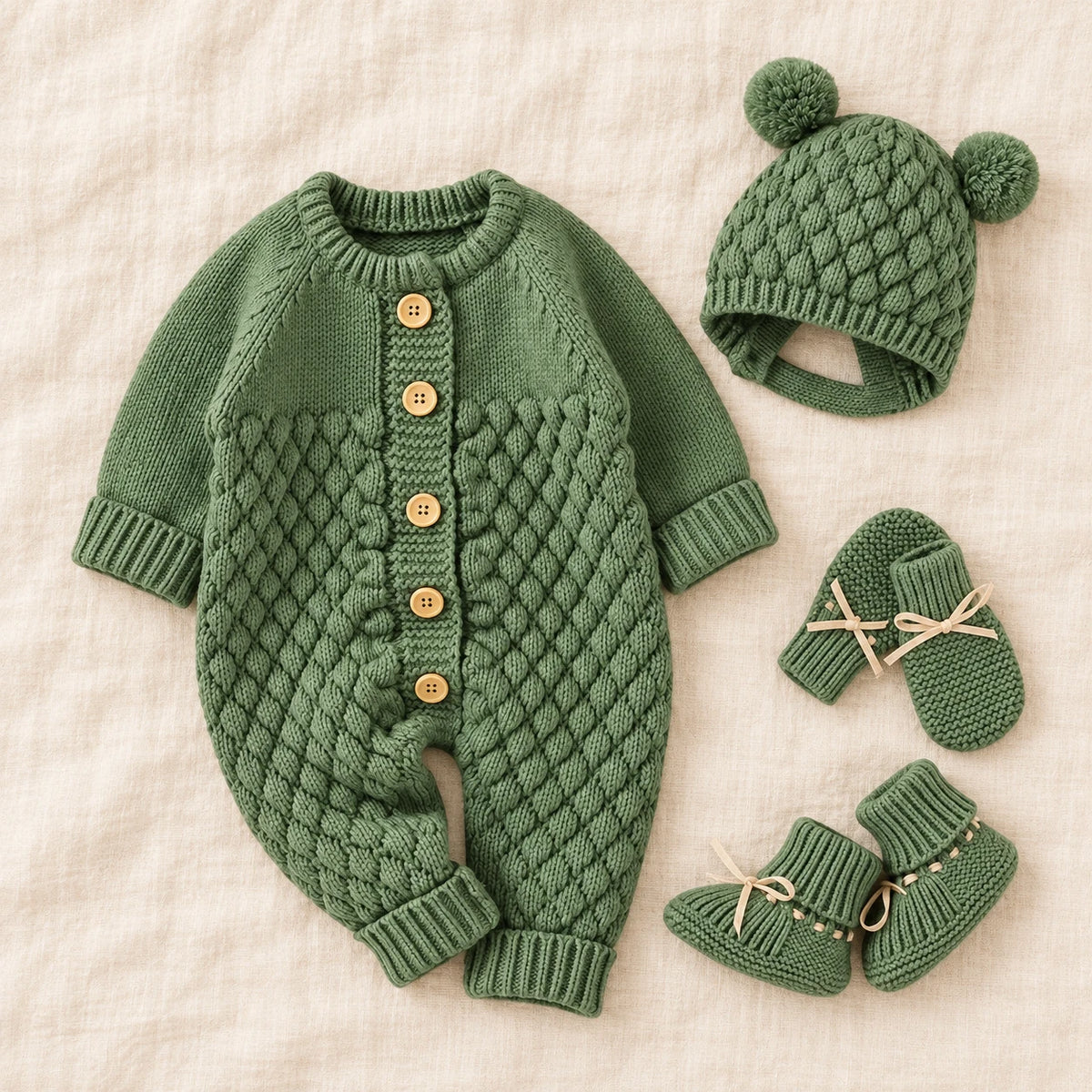The Newborn Knit Wardrobe — Forest, Complete Set in boutique studio photograph