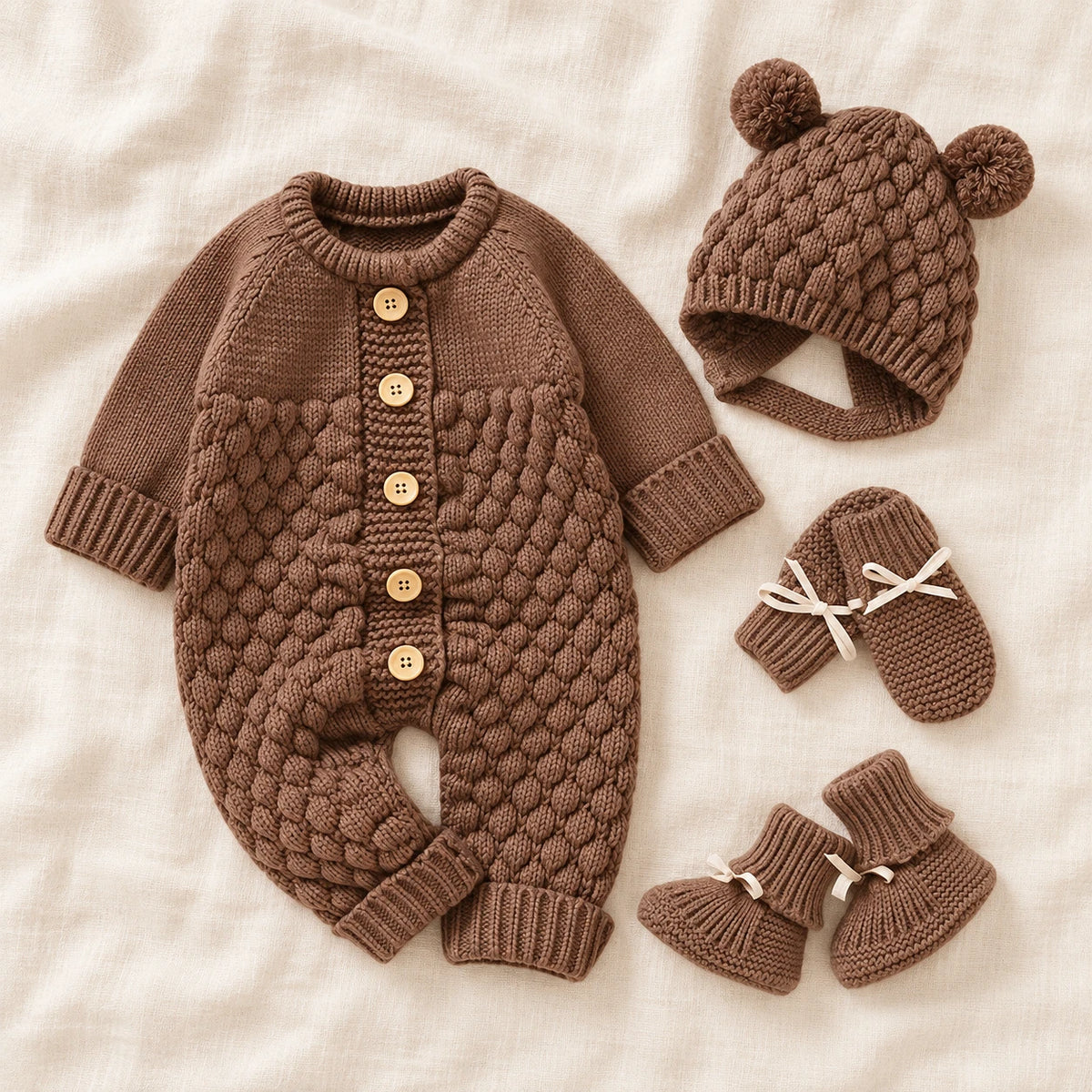 The Newborn Knit Wardrobe — Cocoa, Complete Set in boutique studio photograph