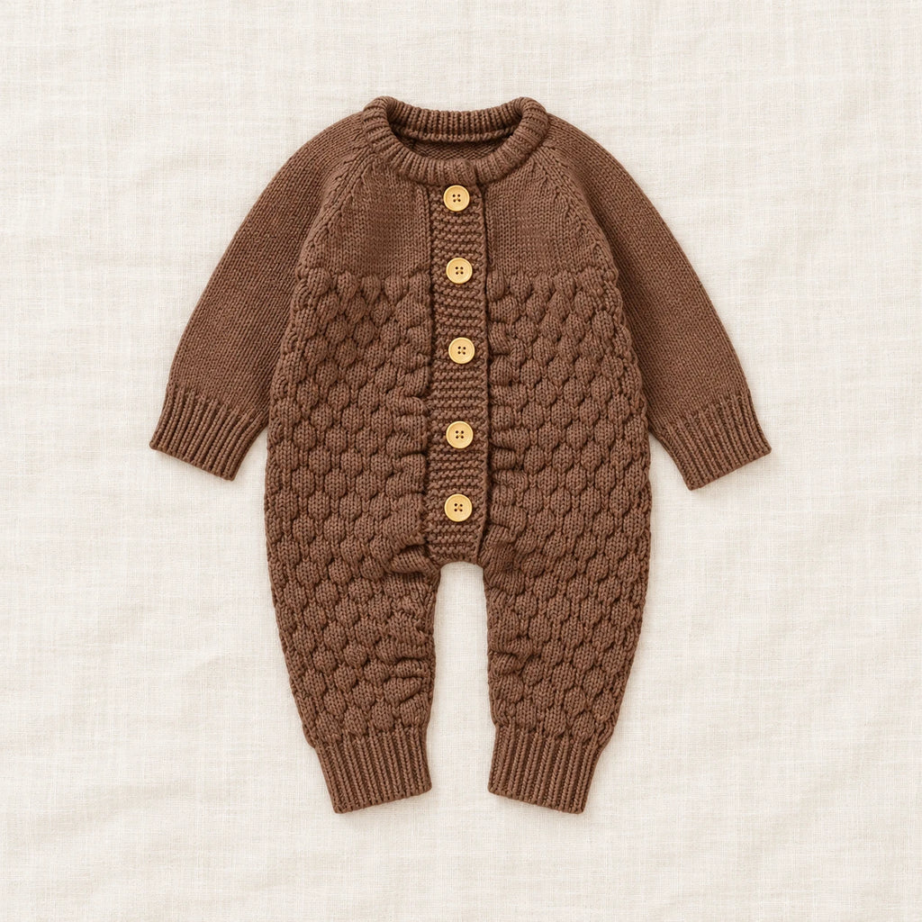 The Newborn Knit Wardrobe — Cocoa, Romper in boutique studio photograph